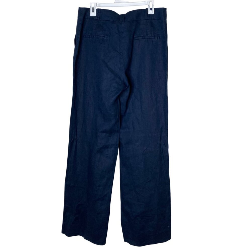 MNG by Mango Navy Linen Wide Leg Pants Women’s Size 12 High Rise Trousers - Picture 2 of 8